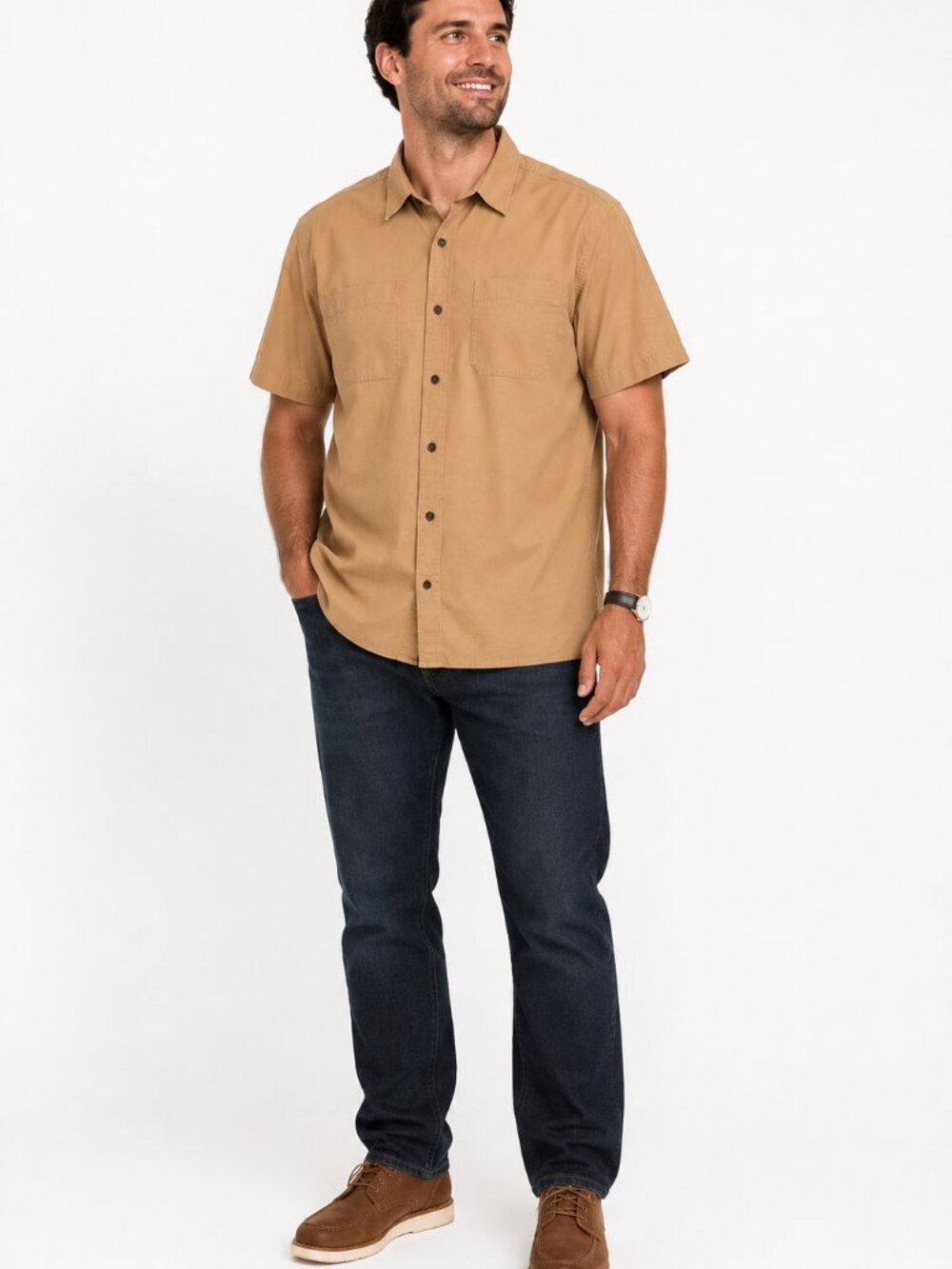 LL Bean Traditional Fit Short Sleeve Button Front Shirt Large Tan Cotton